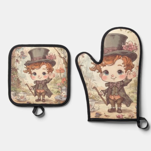 Cute Mad Hatter Whimsical Wonderland Woodland Art 鍋つかみ&鍋敷きセット (正面)