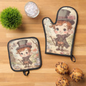 Cute Mad Hatter Whimsical Wonderland Woodland Art 鍋つかみ&鍋敷きセット (トップダウン)