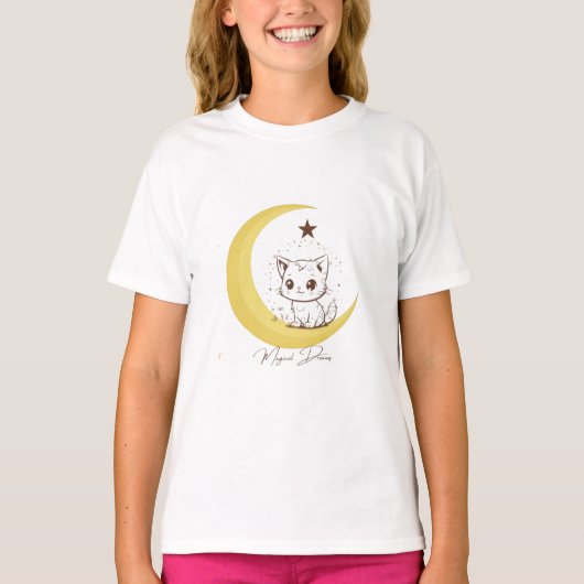 Cute Magical Cat on Moon Starry Dreams - Round Cla Tシャツ (正面)