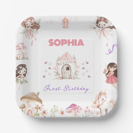 Cute Magical Fairy 1st Birthday Paper Plates ペーパープレート (正面)