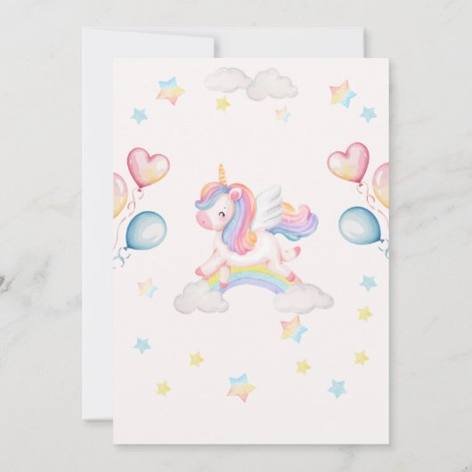Cute Magical Fairytale Unicorn Rainbow Clouds 招待状 (裏面)