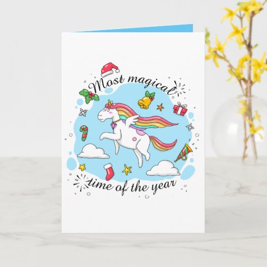 Cute Magical Time Christmas Unicorn カード (黄色い花)