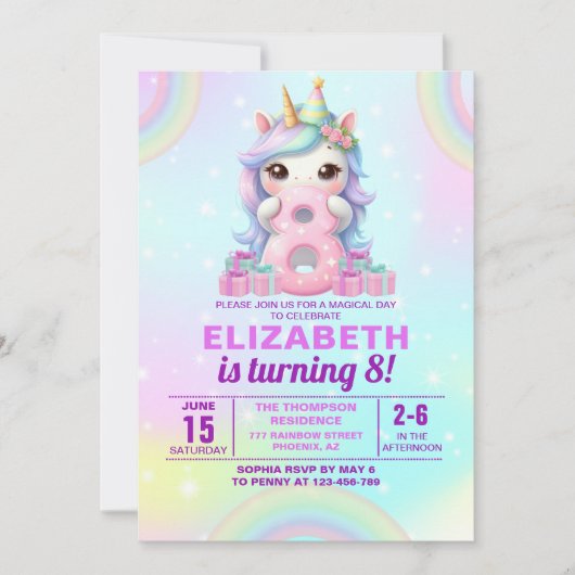 Cute Magical Unicorn8th Birthday – Magical Birthda 招待状 (正面)