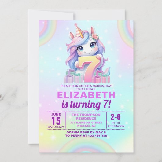 Cute Magical Unicorn 7th Birthday – Rainbow  招待状 (正面)