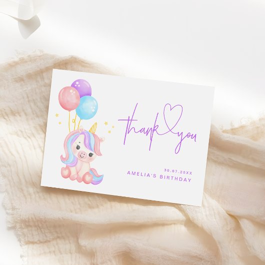 Cute Magical Unicorn Purple Girls Birthday サンキューカード