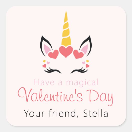 Cute Magical Unicorn Valentine's Day Personalized スクエアシール (正面)
