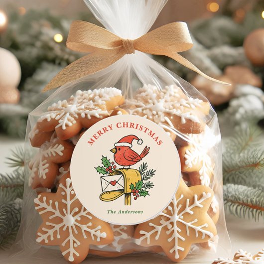 Cute Mailbox Cardinal Christmas Holiday Sticker ラウンドシール