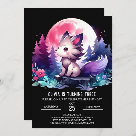 Cute Majestic Wolf Birthday 招待状 (正面/裏面)