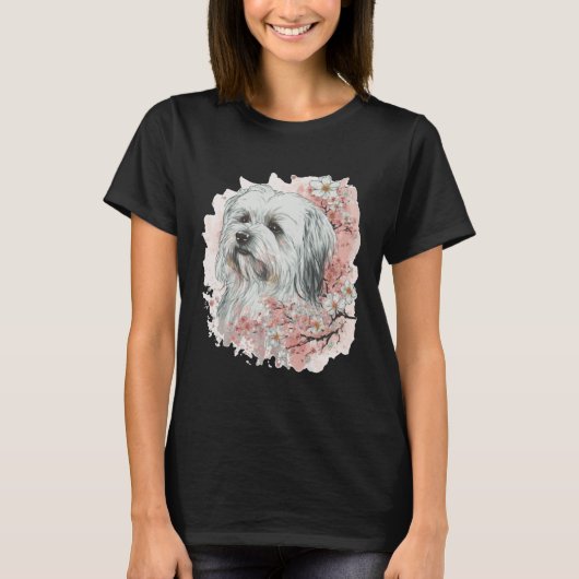 Cute Maltese Cherry Blossom Dog Breed Japanese Sak Tシャツ (正面)