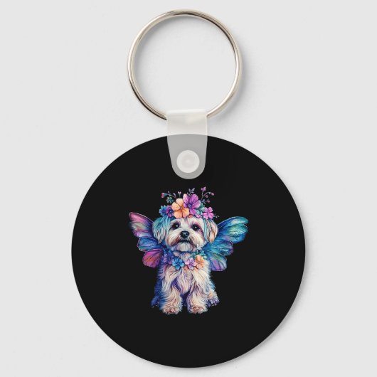 Cute Maltese Dog Angel With Wings  キーホルダー (正面)