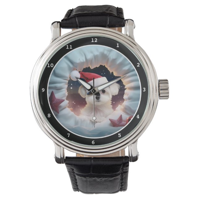 Cute Maltese Puppy Christmas Scene Image 腕時計 (正面)