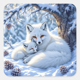 Cute Mama and Baby White Foxes in the Snow スクエアシール