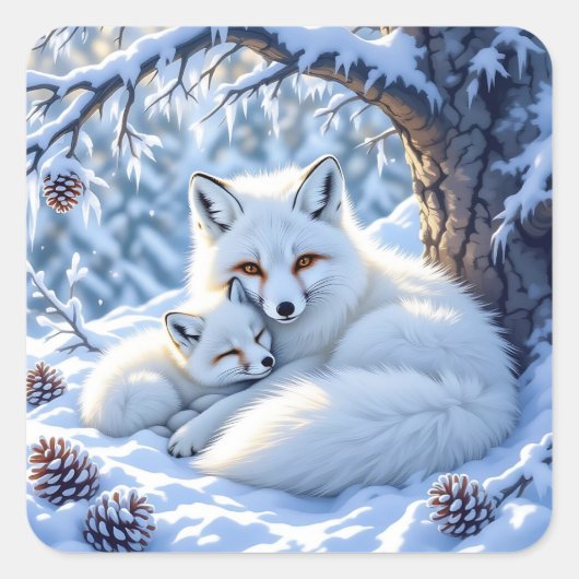 Cute Mama and Baby White Foxes in the Snow スクエアシール (正面)