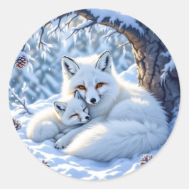Cute Mama and Baby White Foxes in the Snow ラウンドシール