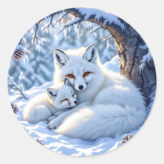 Cute Mama and Baby White Foxes in the Snow ラウンドシール (正面)