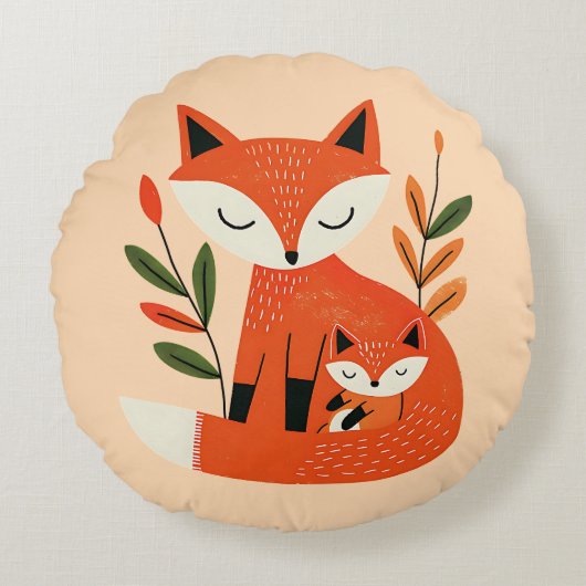 Cute Mama Fox& Baby Cub Whimsical Woodland Nursery ラウンドクッション (正面)