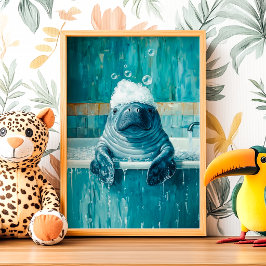 Cute Manatee in Bubble Bath Poster ポスター