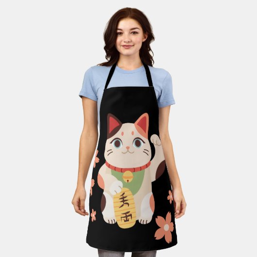 Cute Maneki Neko Lucky Cat エプロン (着用した状態)