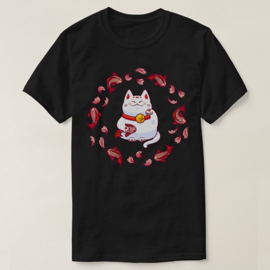 Cute Maneki Neko Lucky Cat with Koi Fish Tシャツ (デザイン正面)