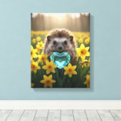 Cute March Hedgehog with Aquamarine Heart キャンバスプリント (インサイチュ (ウッドフロア))