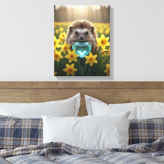 Cute March Hedgehog with Aquamarine Heart キャンバスプリント (インサイチュ (寝室))