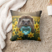 Cute March Hedgehog with Aquamarine Heart クッション (ブランケット)
