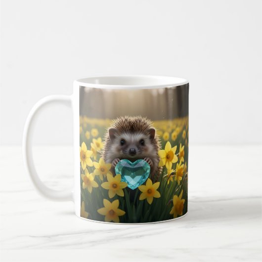 Cute March Hedgehog with Aquamarine Heart コーヒーマグカップ (左)