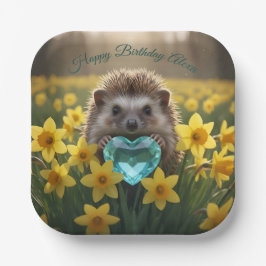 Cute March Hedgehog with Aquamarine Heart ペーパープレート