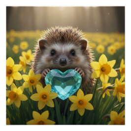 Cute March Hedgehog with Aquamarine Heart ポスター