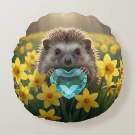 Cute March Hedgehog with Aquamarine Heart ラウンドクッション