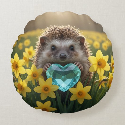 Cute March Hedgehog with Aquamarine Heart ラウンドクッション (正面)