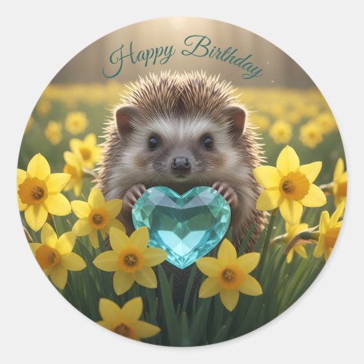 Cute March Hedgehog with Aquamarine Heart ラウンドシール (正面)