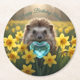 Cute March Hedgehog with Aquamarine Heart ラウンドペーパーコースター
