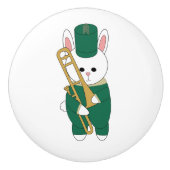 Cute Marching Bunny Trombone Player Green Gold セラミックノブ (正面)
