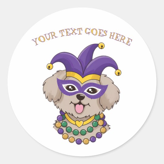 Cute Mardi Gras Puppy Dog Custom Text ラウンドシール (正面)