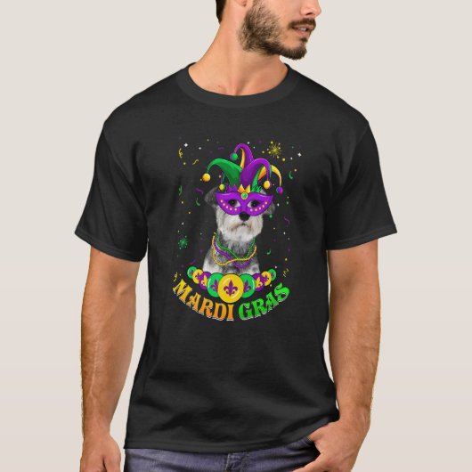 Cute Mardi Gras Schnauzer Dog Dad Dog Mom Mask Bea Tシャツ (正面)