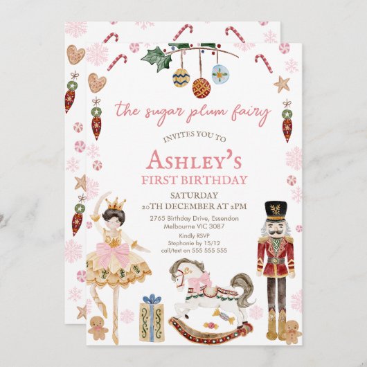 Cute Marron Sugar Plum Fairy Nutcracker Birthday 招待状 (正面/裏面)