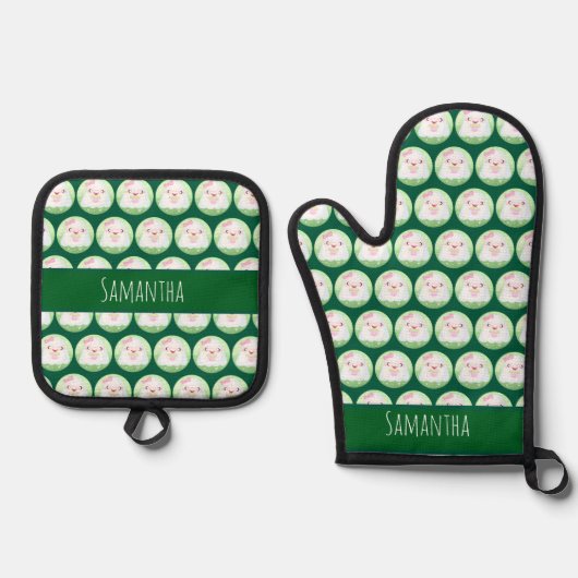 Cute Matcha Latte Ghost 鍋つかみ&鍋敷きセット (正面)