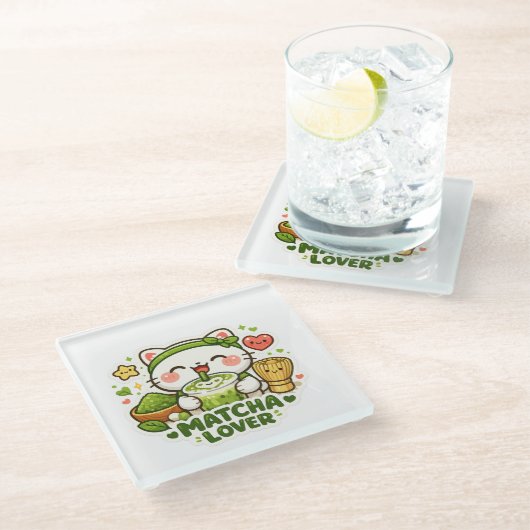 Cute Matcha Lover Cat ガラスコースター (アングル)