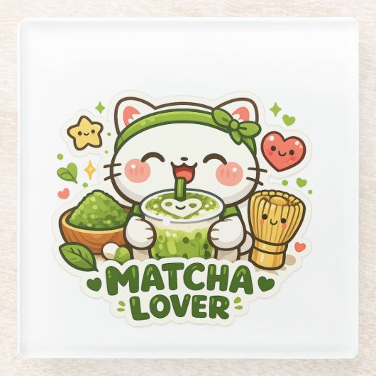 Cute Matcha Lover Cat ガラスコースター (正面)