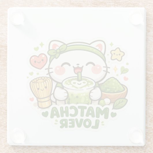 Cute Matcha Lover Cat ガラスコースター (裏面)