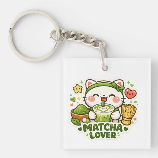 Cute Matcha Lover Cat キーホルダー (正面)