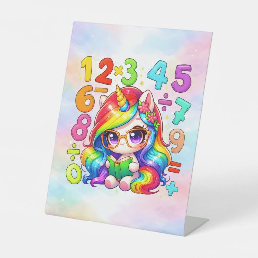 Cute Maths Unicorn Numbers Desk Art for Kids 台座サイン (正面)