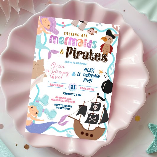Cute Memaid and Pirates Joint Birthday invitation 招待状