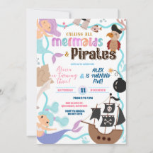 Cute Memaid and Pirates Joint Birthday invitation