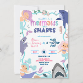 Cute Memaid and Sharks Joint Birthday invitation 招待状