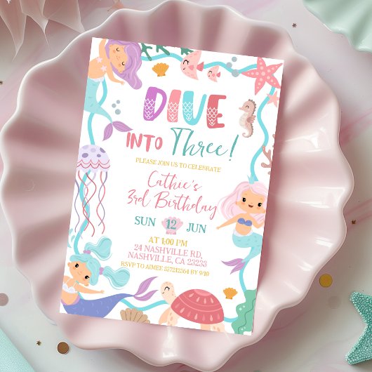 Cute Memaid Dive Into Birthday invitation 招待状