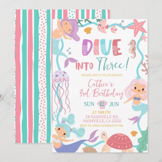 Cute Memaid Dive Into Birthday invitation 招待状 (正面/裏面)