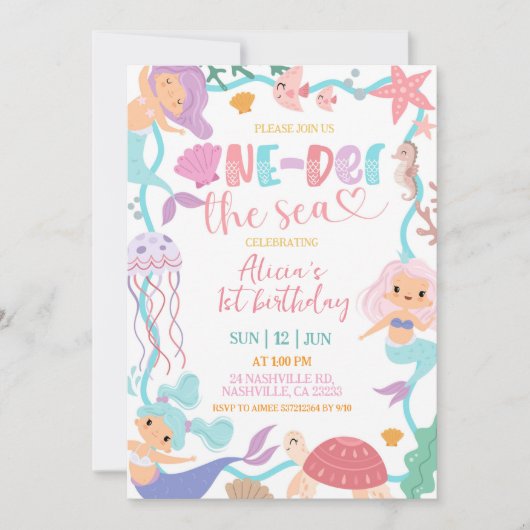 Cute Memaid Oneder the Sea Birthday invitation 招待状 (正面)