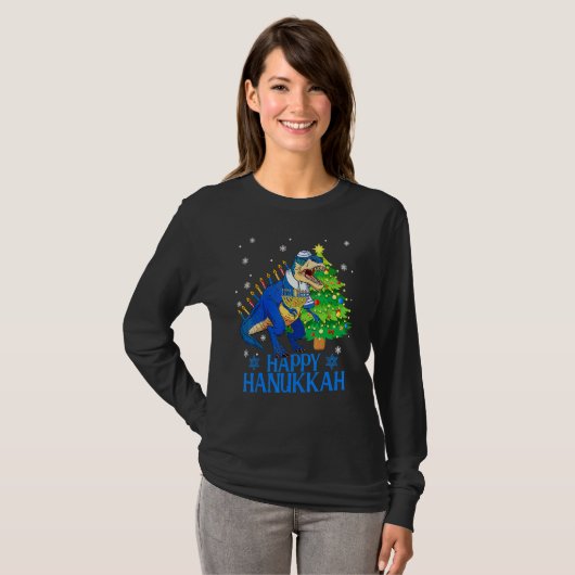 Cute Menorasaurus Rex Dinosaur Tree Christmas Happ Tシャツ (正面フル)